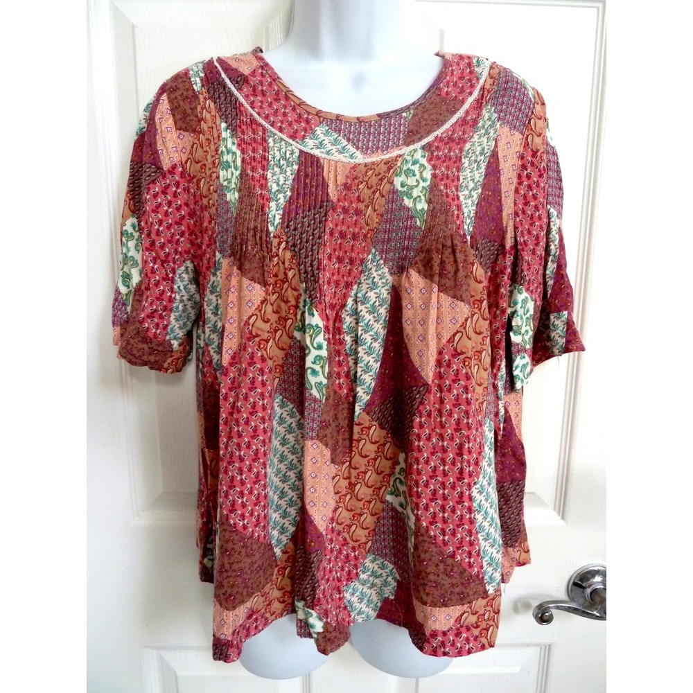 NANETTE LEPORE Sz 12 Pin-Tucked Patchwork Gathered Boho Peaant Blouse